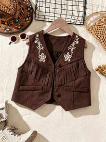 SHEIN Elladie kids 女童波希米亞風流蘇背心外套，棕色鈕扣花卉刺繡麂皮，復古丹寧風，日常穿著、學校、度假適用 - 棕色 - 查看 6