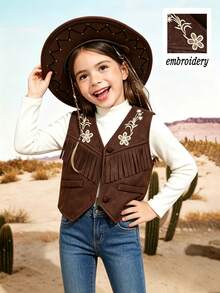 SHEIN Elladie kids 女童波希米亞風流蘇背心外套，棕色鈕扣花卉刺繡麂皮，復古丹寧風，日常穿著、學校、度假適用 - 棕色 - 查看 3