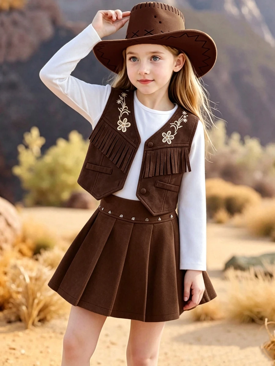 SHEIN Elladie kids 女童波希米亞風流蘇背心外套,棕色鈕扣花卉刺繡麂皮,復古丹寧風,日常穿著、學校、度假適用 - 棕色 - 查看 1
