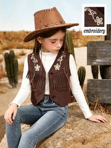 SHEIN Elladie kids 女童波希米亞風流蘇背心外套，棕色鈕扣花卉刺繡麂皮，復古丹寧風，日常穿著、學校、度假適用 - 棕色 - 查看 7