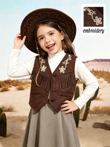 SHEIN Elladie kids 女童波希米亞風流蘇背心外套，棕色鈕扣花卉刺繡麂皮，復古丹寧風，日常穿著、學校、度假適用 - 棕色 - 查看 8