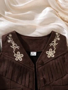 SHEIN Elladie kids 女童波希米亞風流蘇背心外套，棕色鈕扣花卉刺繡麂皮，復古丹寧風，日常穿著、學校、度假適用 - 棕色 - 查看 4