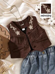 SHEIN Elladie kids 女童波希米亞風流蘇背心外套，棕色鈕扣花卉刺繡麂皮，復古丹寧風，日常穿著、學校、度假適用 - 棕色 - 查看 5