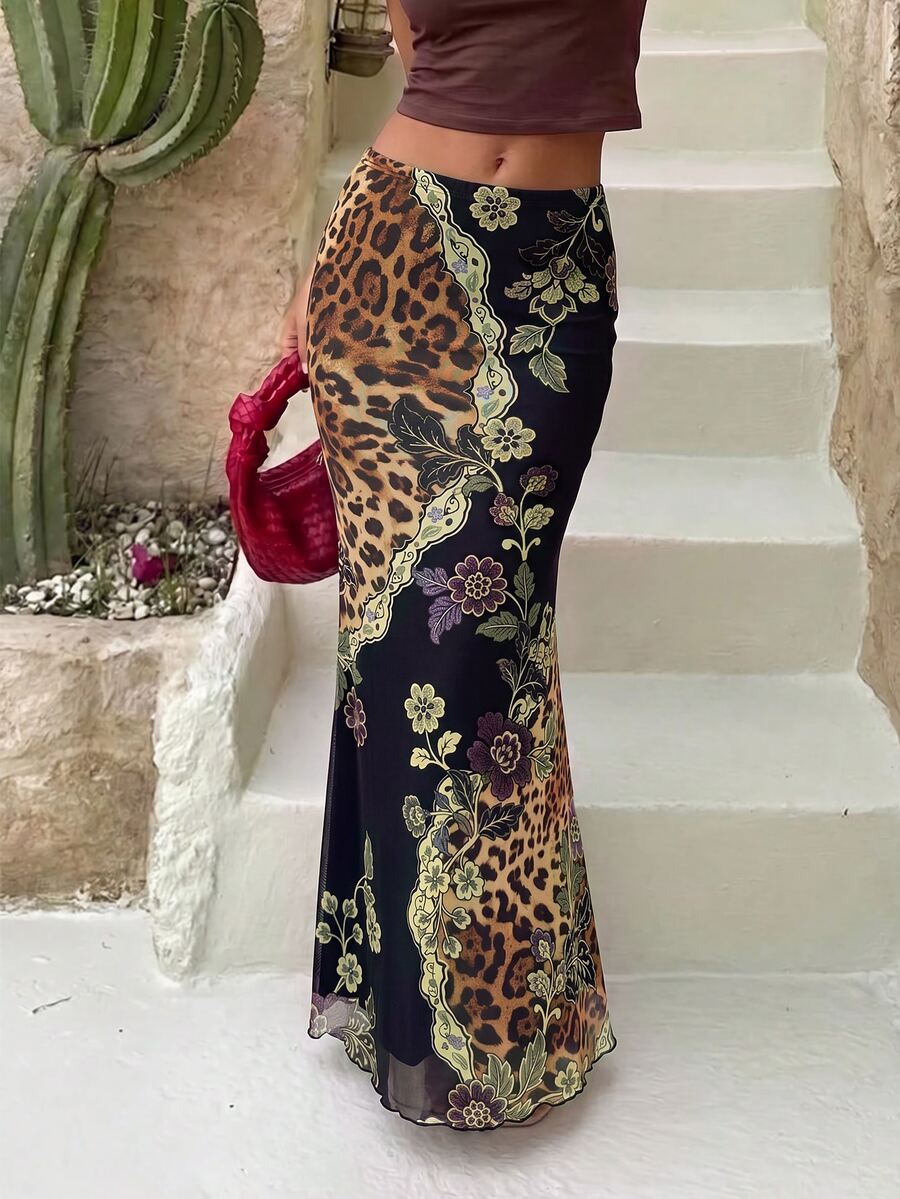 Aloruh Women's Fashion Vintage Leopard & Floral Print Mermaid Skirt - Black - View 1
