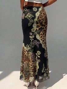 Aloruh Women's Fashion Vintage Leopard & Floral Print Mermaid Skirt - Black - View 2