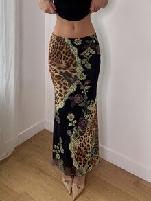 Aloruh Women's Fashion Vintage Leopard & Floral Print Mermaid Skirt - Black - View 3