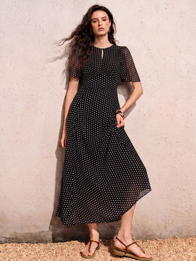 Revavyn French Elegant Vintage Women's Vacation Black And White Polka Dot Chiffon Round Neck Ruffle Drop Shoulder Cinched Waist Slimming Dress Summer