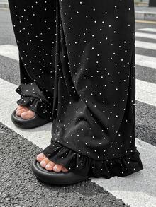 SHEIN CURVE+ Celana Panjang Lurus Rajut Bergaris Warna-warni Ukuran Besar untuk Liburan Musim Gugur - Hitam dan Putih - View 7