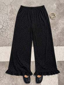 SHEIN CURVE+ Celana Panjang Lurus Rajut Bergaris Warna-warni Ukuran Besar untuk Liburan Musim Gugur - Hitam dan Putih - View 5