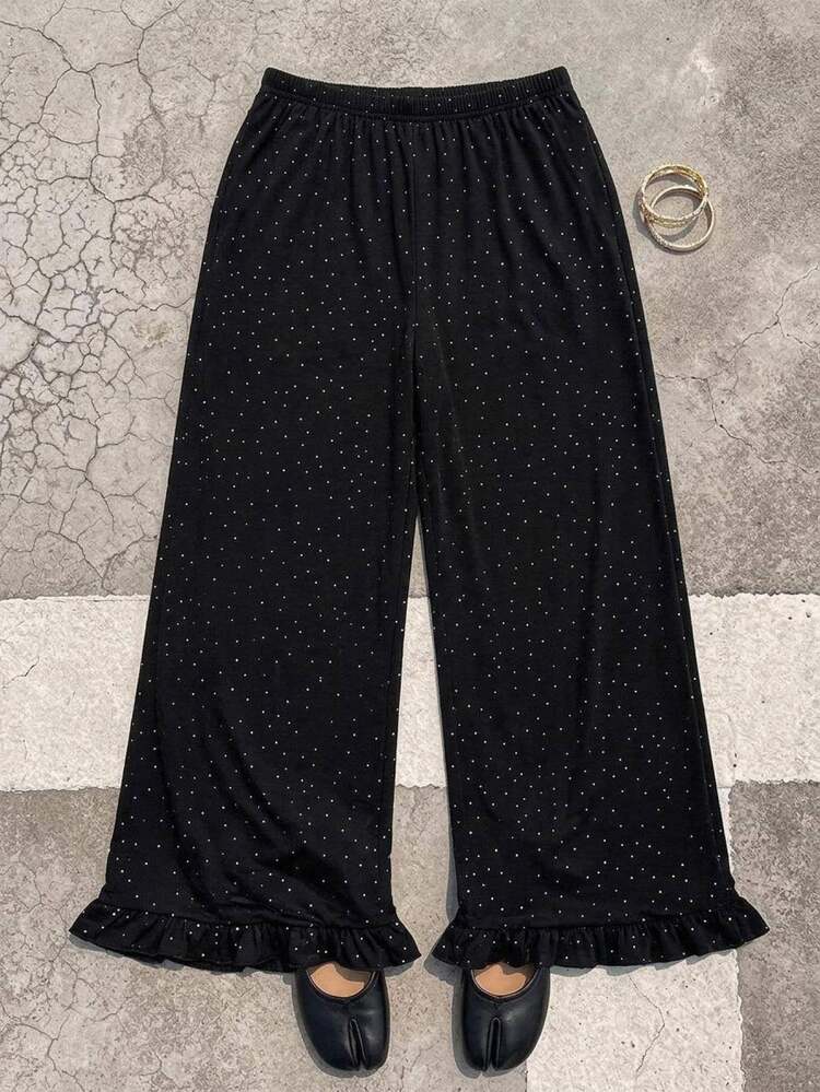 SHEIN CURVE+ 大尺碼彩色條紋鉤針直筒長褲，適合度假與秋季穿著 - 黑與白 - 查看 4