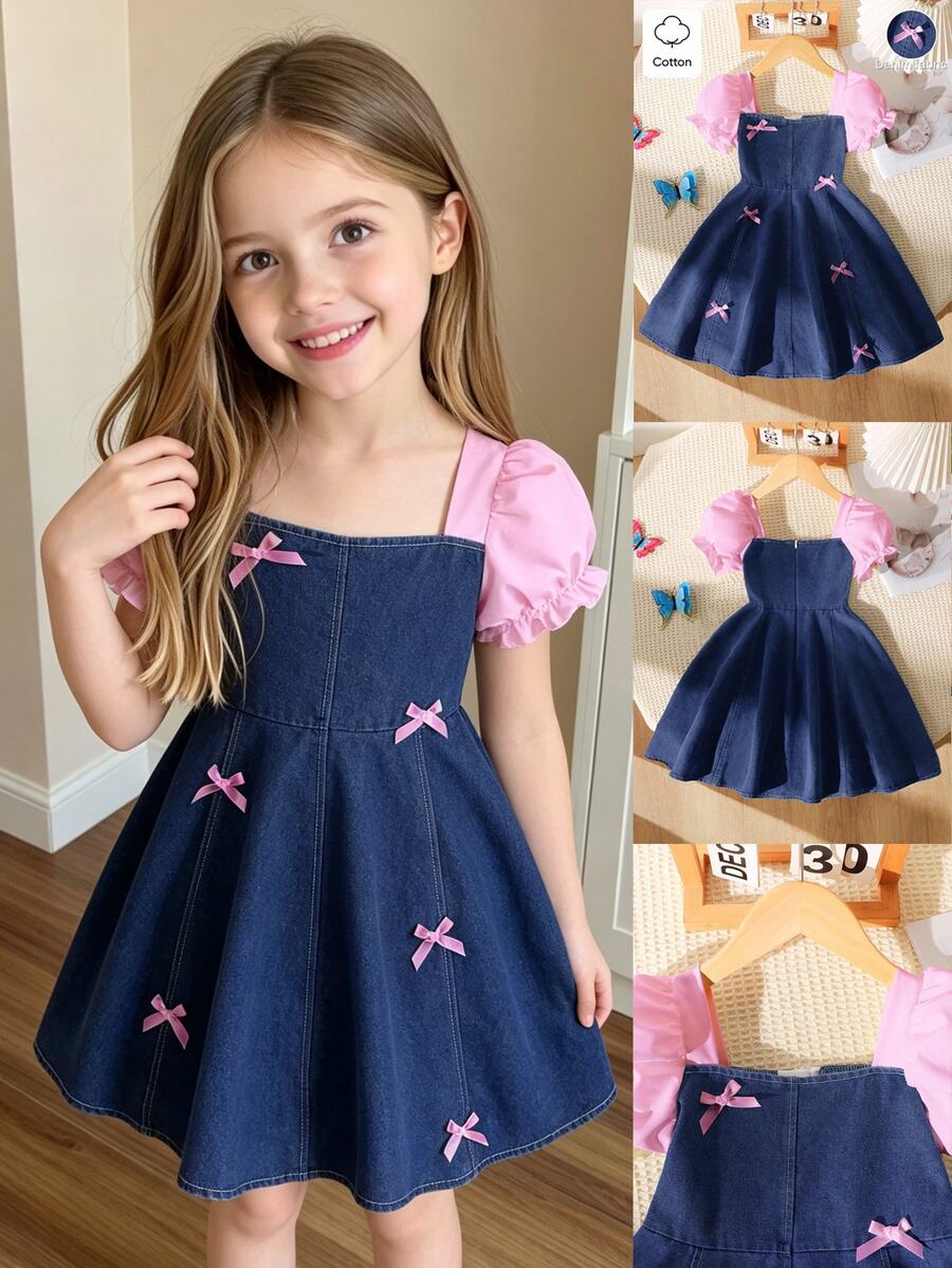 SHEIN Playful Pals 女童夏季韩版3D蝴蝶结牛仔连衣裙，适合女孩日常休闲穿着和上学穿着