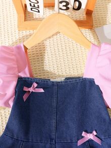 SHEIN Playful Pals 女童夏季韩版3D蝴蝶结牛仔连衣裙，适合女孩日常休闲穿着和上学穿着 - 粉色 - 查看 5