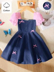 SHEIN Playful Pals 女童夏季韩版3D蝴蝶结牛仔连衣裙，适合女孩日常休闲穿着和上学穿着 - 粉色 - 查看 4