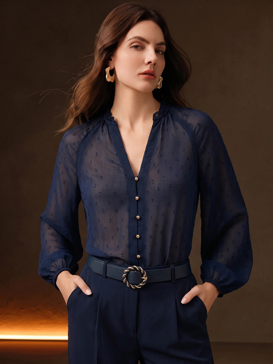 Anewsta French Style Royal Blue Flocked Polka Dot Chiffon V-Neck Petal Sleeve Blouse, Soft Elegant Commuter Top