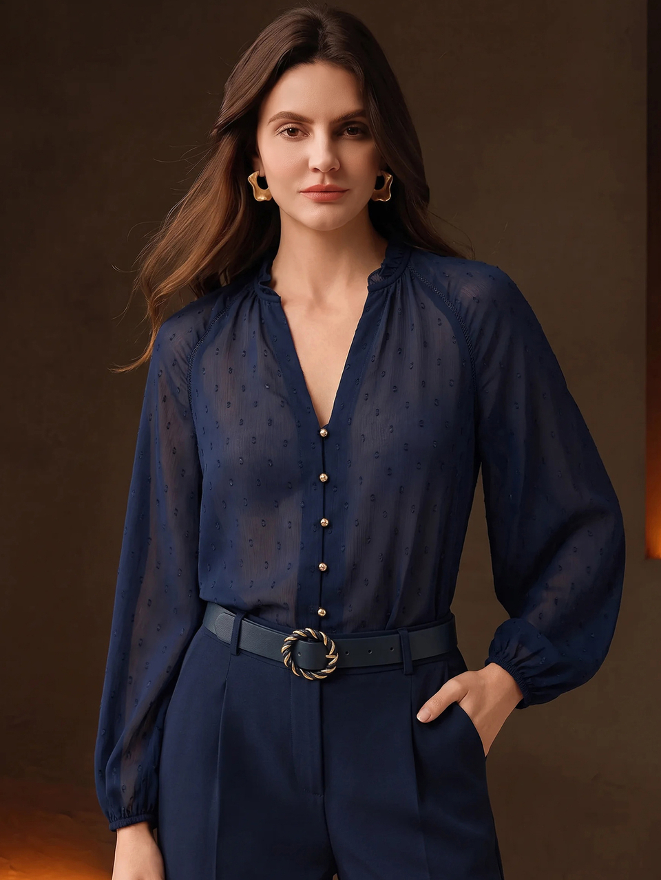 Anewsta French Style Royal Blue Flocked Polka Dot Chiffon V-Neck Petal Sleeve Blouse, Soft Elegant Commuter Top
