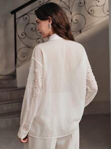 Anewsta Elegant Casual Romantic Rhinestone Bubble Bead Embellished Open Front Long Sleeve Blouse For Women Dinner Date Office Going Out White Fall - Apricot - View 3