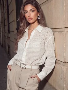 Anewsta Elegant Casual Romantic Rhinestone Bubble Bead Embellished Open Front Long Sleeve Blouse For Women Dinner Date Office Going Out White Fall - Apricot - View 2