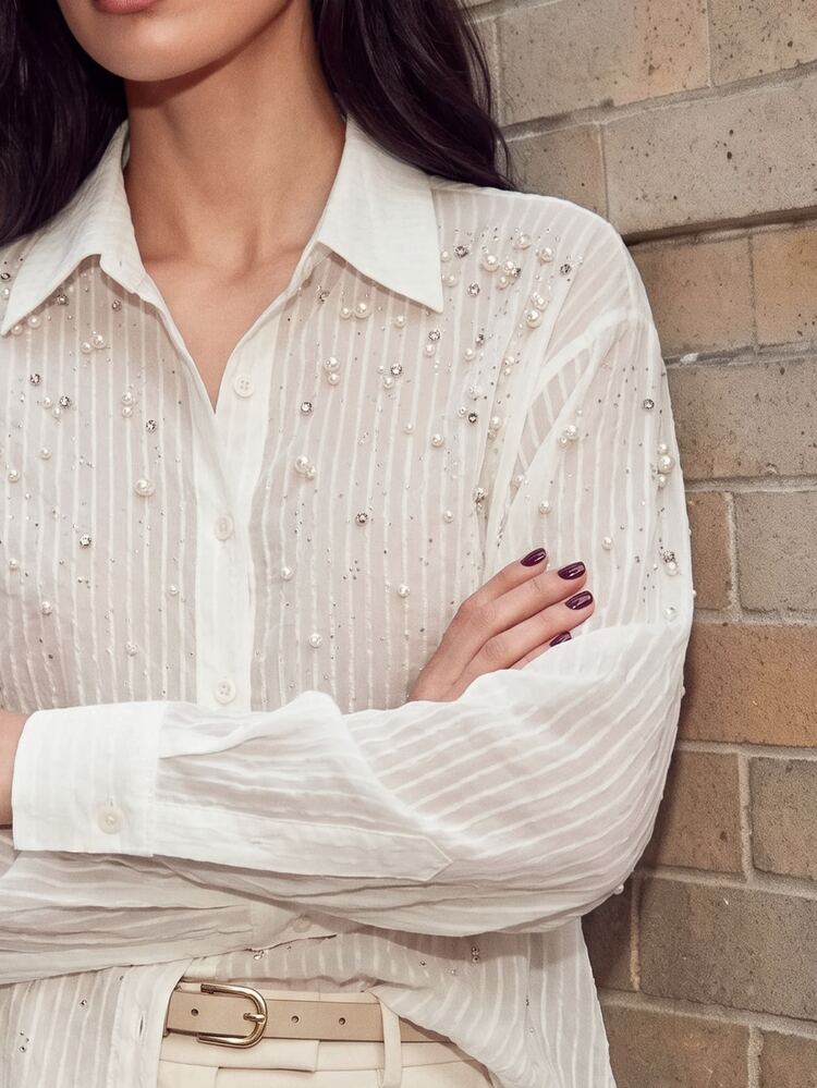 Anewsta 女款優雅休閒浪漫風 鑲鑽泡泡珠飾開襟長袖襯衫 白色 秋季 適合晚餐約會、辦公室、外出穿著 - 杏色 - 查看 6