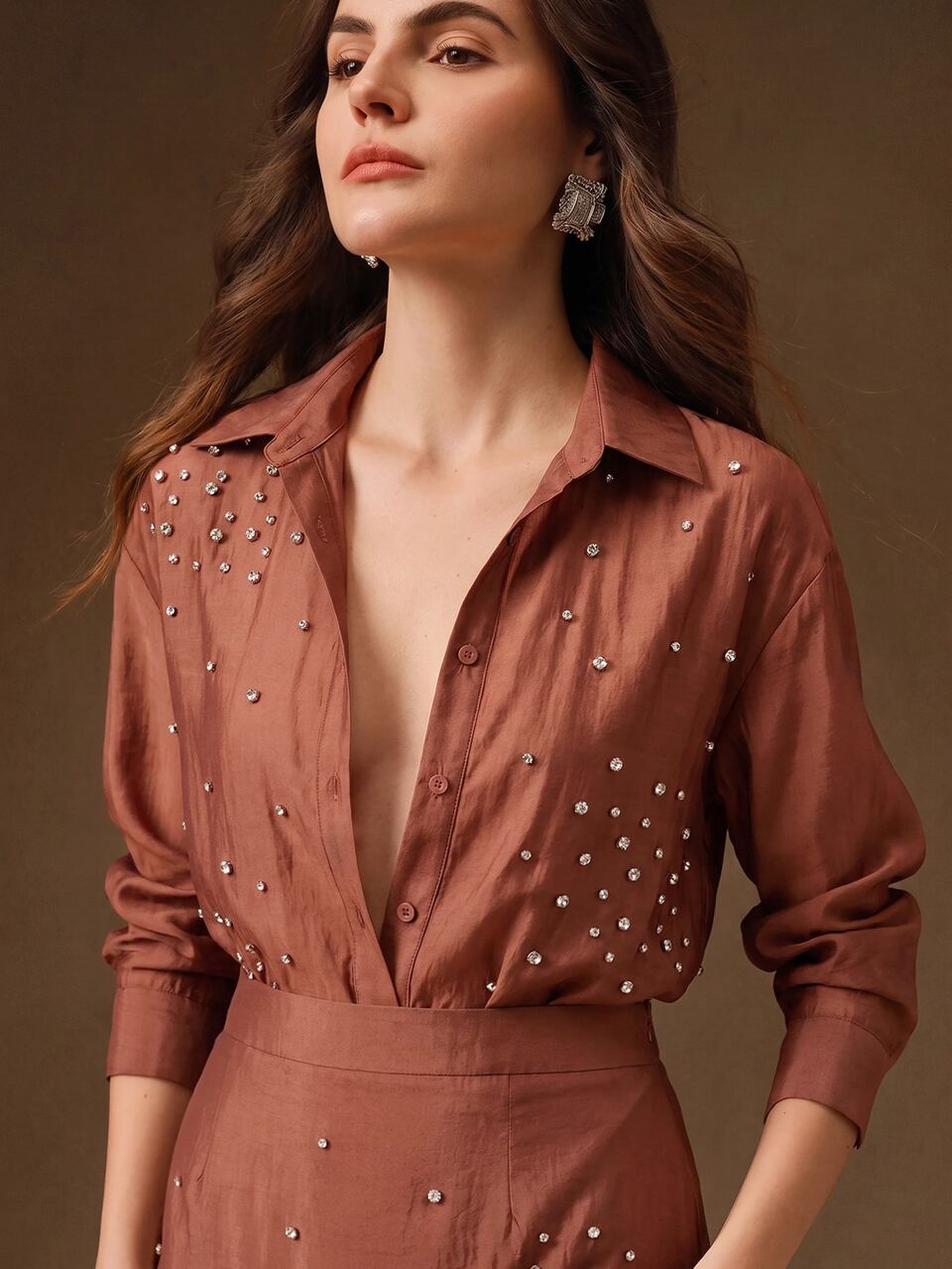 Anewsta Women's Elegant Casual Niche Asymmetrical Rhinestone Brown Versatile Blouse