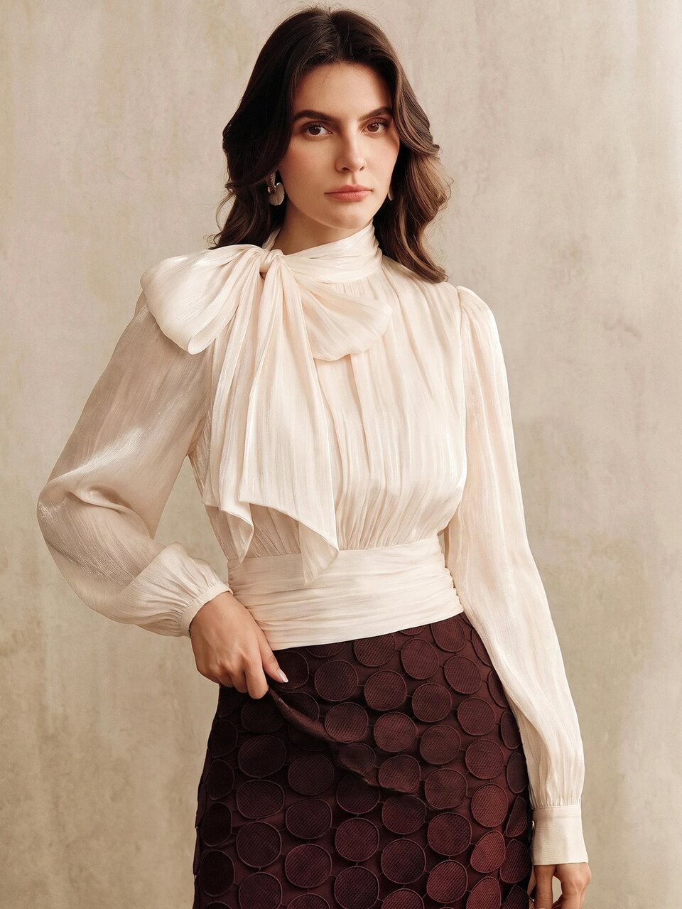 Anewsta Women's Elegant Shiny Fabric Tie Neck Waist-Cinching Blouse