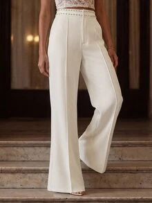Anewsta Pantalones rectos para mujer, pantalones acampanados con diseño de cintura con remaches, de moda y versátiles - Blanco - Ver 6