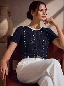 Anewsta Modern Hollow Studded Handmade Collar Women's Black Knit Lantern Sleeve Short Sleeve Blouse - Navy Blue - View 5