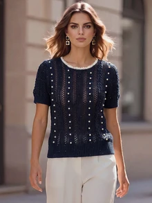 Anewsta Modern Hollow Studded Handmade Collar Women's Black Knit Lantern Sleeve Short Sleeve Blouse - Navy Blue - View 7
