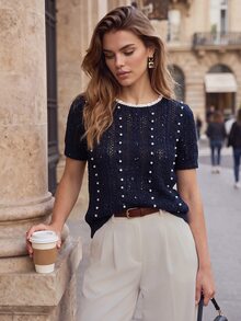 Anewsta Modern Hollow Studded Handmade Collar Women's Black Knit Lantern Sleeve Short Sleeve Blouse - Navy Blue - View 2
