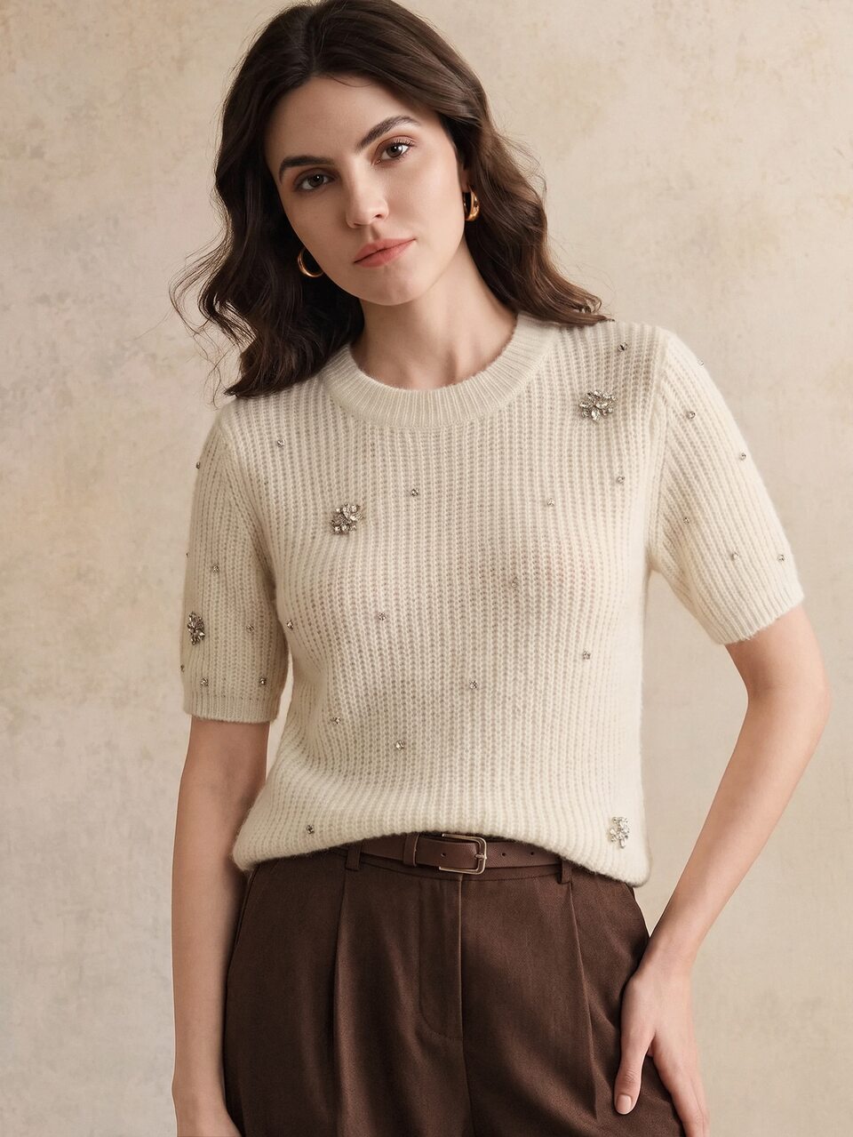 Anewsta Gentle Mature Elegant Versatile Handmade Rhinestone Studded Knit Short Sleeve Top Dinner Office Cream White Summer