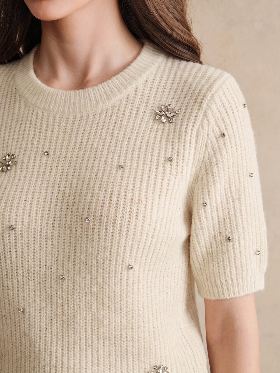 Anewsta Gentle Mature Elegant Versatile Handmade Rhinestone Studded Knit Short Sleeve Top Dinner Office Cream White Summer