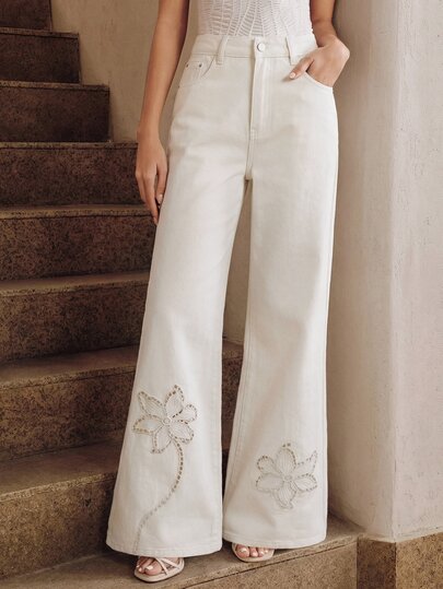 Anewsta Women's Elegant Versatile Casual Off-White Hollow Embroidery Denim Long Pants Brunch Tea Party Autumn