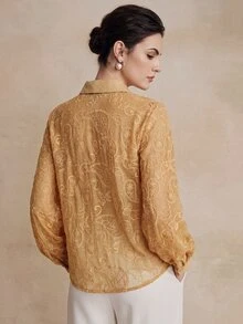 Anewsta Women's Hollow Embroidery Long Sleeve Blouse, Elegant Party Office Casual Vacation Loose Summer Top Pastel - Khaki - View 6