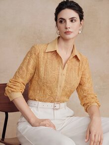 Anewsta Women's Hollow Embroidery Long Sleeve Blouse, Elegant Party Office Casual Vacation Loose Summer Top Pastel - Khaki - View 7