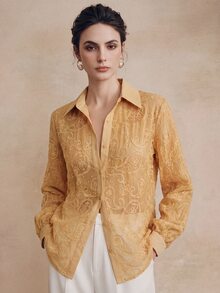 Anewsta Women's Hollow Embroidery Long Sleeve Blouse, Elegant Party Office Casual Vacation Loose Summer Top Pastel - Khaki - View 3