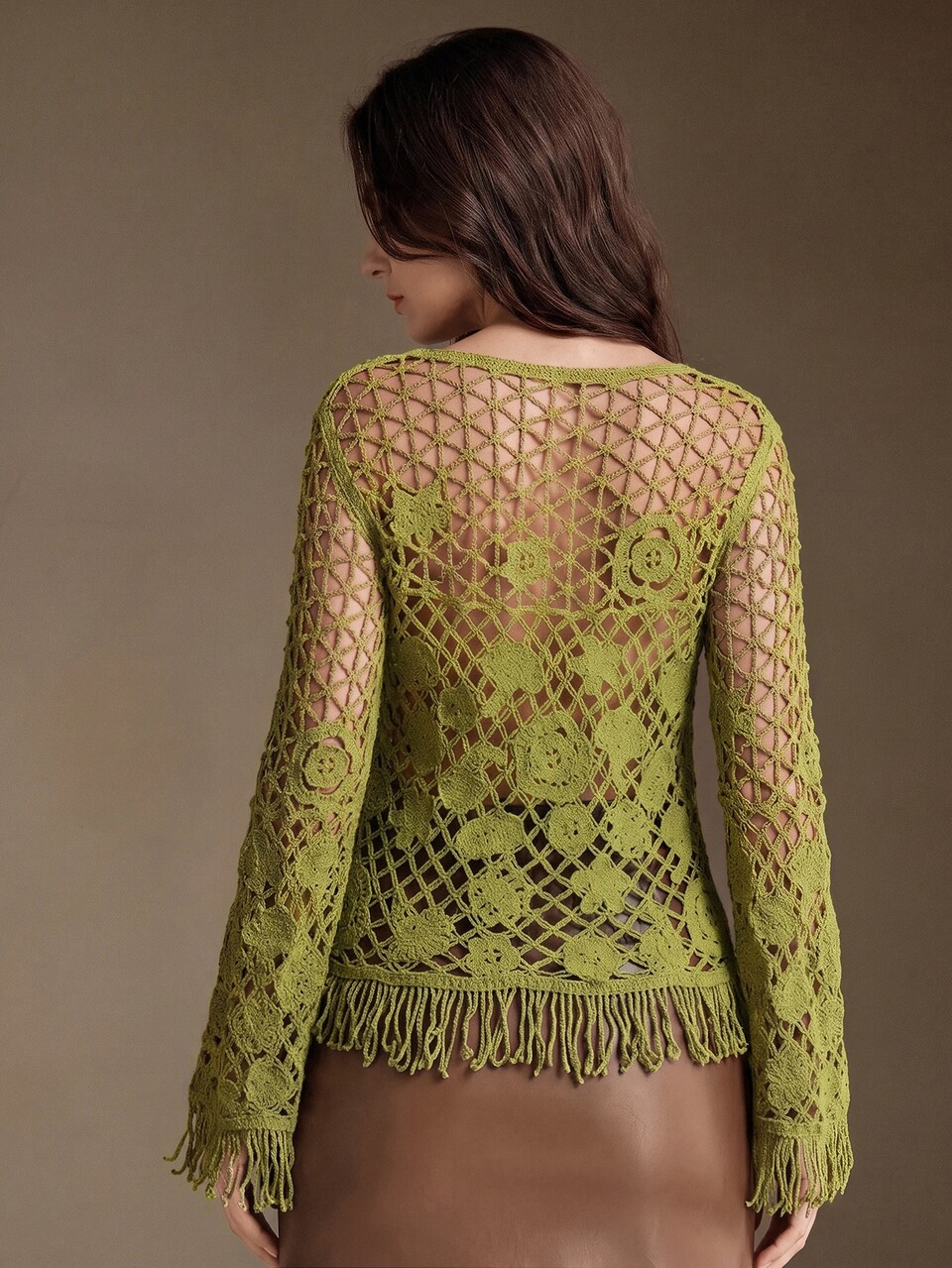 Anewsta Top de mujer de manga larga con bordado calado y flecos, estilo boho floral verde para verano, brunch y vacaciones