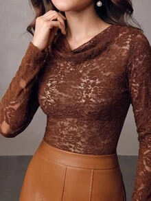 Anewsta Kaos Wanita Warna Cokelat Tua dengan Kerah Berlipat, Motif Bunga Berongga, Lengan Panjang, Pas Badan, Transparan, Cocok untuk Perjalanan, Kencan, atau Sebagai Lapisan Dalam, Cocok untuk Musim Semi/Gugur - Coklat - View 6