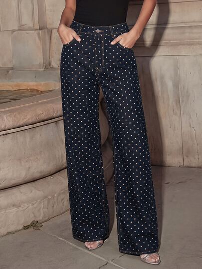 Anewsta Seluar Jeans Denim Wanita Kasual Serbaguna Kaki Lurus Corak Polka Dot dengan Poket