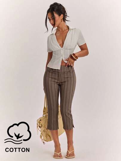SHEIN BAE Women's Spring/Summer Cute Casual Holiday Colorful Striped Low Waist Split Hem Capri Pants, Striped Pants, Casual Pants, Vacation Length Pants, Outing Pants, Y2K Style Pants, Vintage Pants