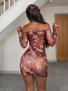 StreetHx Women's Off-Shoulder All-Over Print Casual Sexy Party Date Night Club Short Dress Brown Zebra Print Autumn - Multicolor - View 2