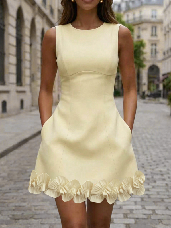 SHEIN Women's Round Neck Sleeveless Fitted Side Pocket Skirt With 3D Lace Trim Minimalist Dress, Summer Vacation Outfit, Graduation Dress, Prom Dress, Women's Birthday Dress, Women's Elegant Dress, Women's Casual Dress, Ruffle Dress, Yellow Dress