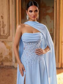 Aureia Elegant Luxurious Beaded Diamond Sexy Strapless Full Skirt Slit Chiffon Ruched Strapless Dress Suitable For Wedding Events, Bachelorette Party, Vacation, Prom, Evening Gala - Blue - View 6