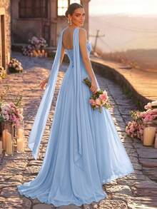 Aureia Elegant Luxurious Beaded Diamond Sexy Strapless Full Skirt Slit Chiffon Ruched Strapless Dress Suitable For Wedding Events, Bachelorette Party, Vacation, Prom, Evening Gala - Blue - View 2