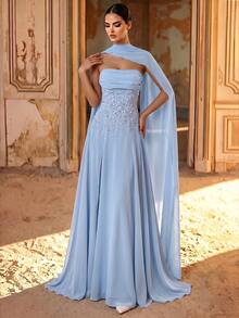 Aureia Elegant Luxurious Beaded Diamond Sexy Strapless Full Skirt Slit Chiffon Ruched Strapless Dress Suitable For Wedding Events, Bachelorette Party, Vacation, Prom, Evening Gala - Blue - View 7