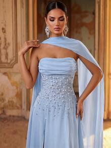 Aureia Elegant Luxurious Beaded Diamond Sexy Strapless Full Skirt Slit Chiffon Ruched Strapless Dress Suitable For Wedding Events, Bachelorette Party, Vacation, Prom, Evening Gala - Blue - View 3