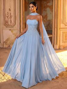 Aureia Elegant Luxurious Beaded Diamond Sexy Strapless Full Skirt Slit Chiffon Ruched Strapless Dress Suitable For Wedding Events, Bachelorette Party, Vacation, Prom, Evening Gala - Blue - View 8