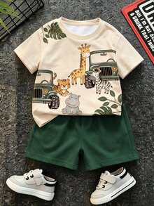 男嬰休閒簡約深綠色動物印花T恤套裝，適合夏季 - 彩色 - 查看 3