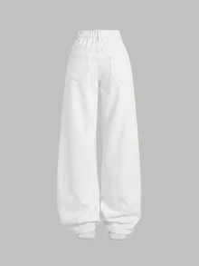 SHEIN Girlism 少女Y2K宽松休闲牛仔裤，带口袋和阔腿设计，适合夏季假期穿着。 - 白色 - 查看 2