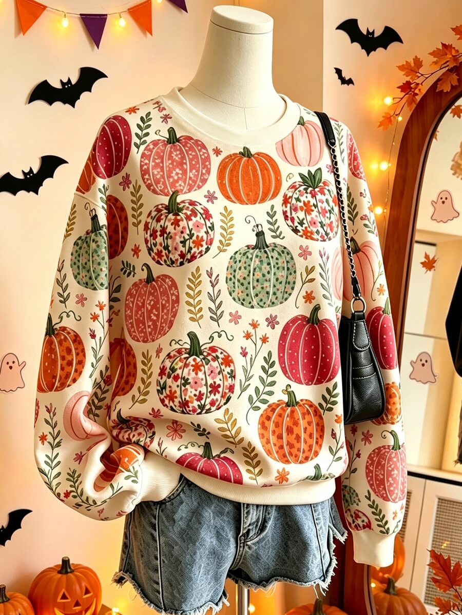 Tween Girl Halloween Thanksgiving Pumpkin Print Sweatshirt - Multicolor - View 1