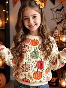 Tween Girl Halloween Thanksgiving Pumpkin Print Sweatshirt - Multicolor - View 1