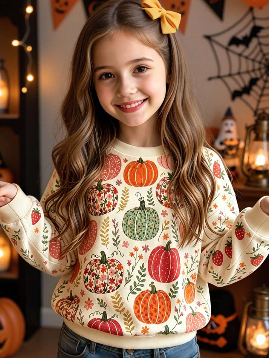 Tween Girl Halloween Thanksgiving Pumpkin Print Sweatshirt - Multicolor - View 1